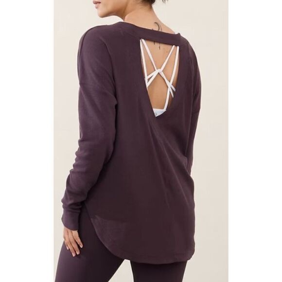 b6 NWOT ATHLETA PRESENCE MAROON PURPLE OPEN BACK SHIRT TOP sz XXS - Picture 2 of 8